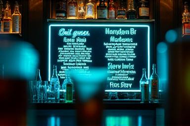Kreativ neonbelysning för drinkmeny i bar