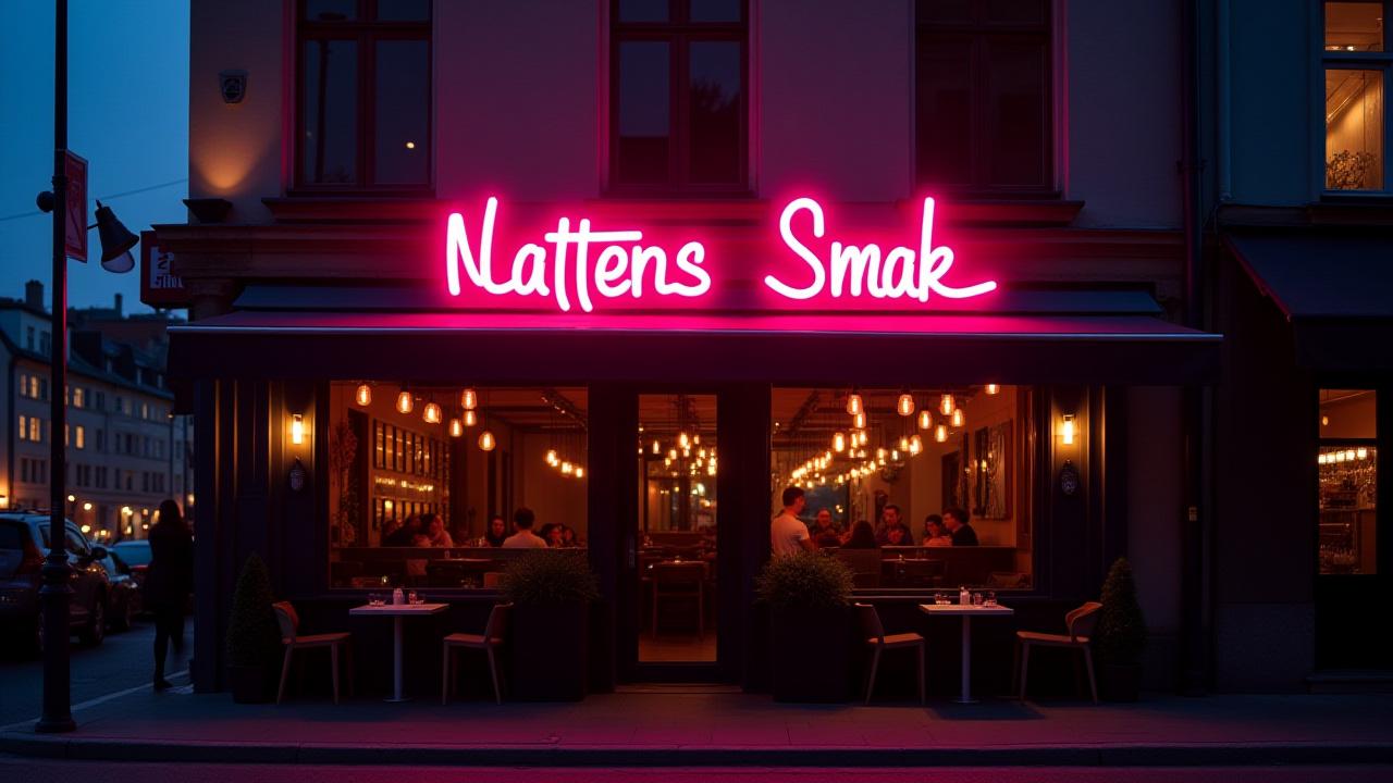 Karusellbild 1: En snygg neonskylt som lyser upp en restaurangentré i Stockholm