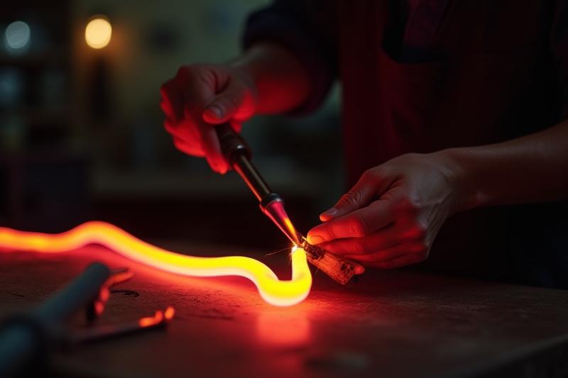 En hantverkare som noggrant böjer ett neonrör i en verkstad.