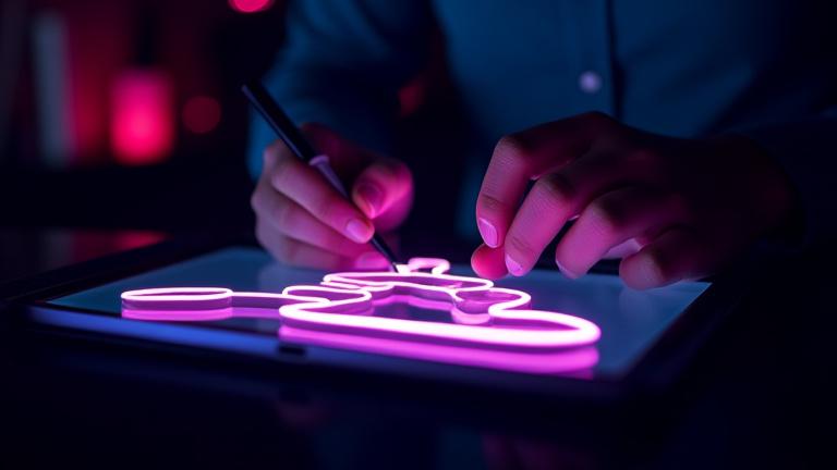 Illustration av en designer som skissar på en neonskyltsdesign på en digital platta