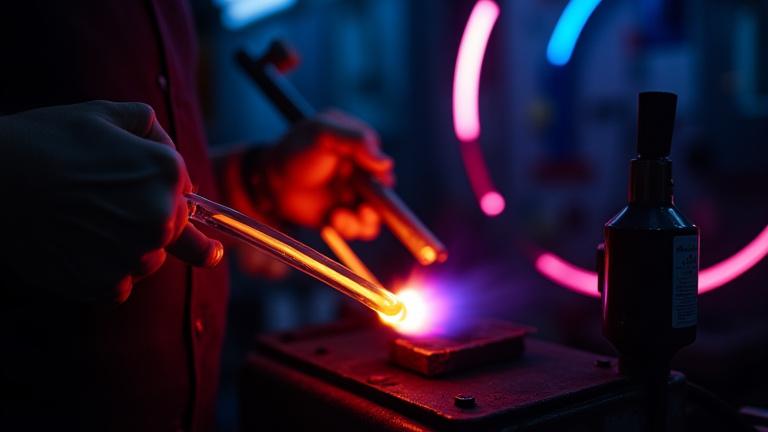 Närbild på en hantverkare som böjer ett neonrör över en brännare