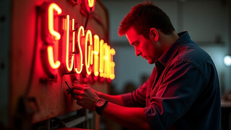 Tekniker som inspekterar och reparerar en gammal neonskylt i en verkstad